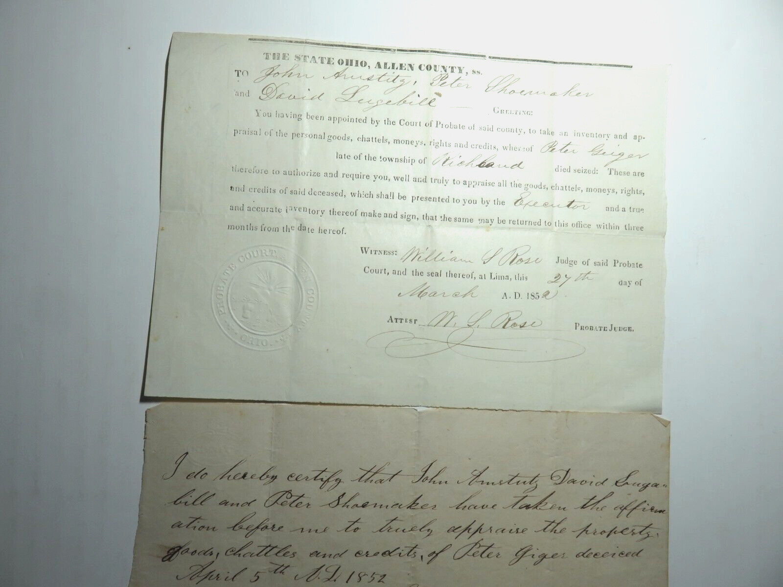 Rare 2 pc. 1852 Lima Ohio Co. Probate Court Documents