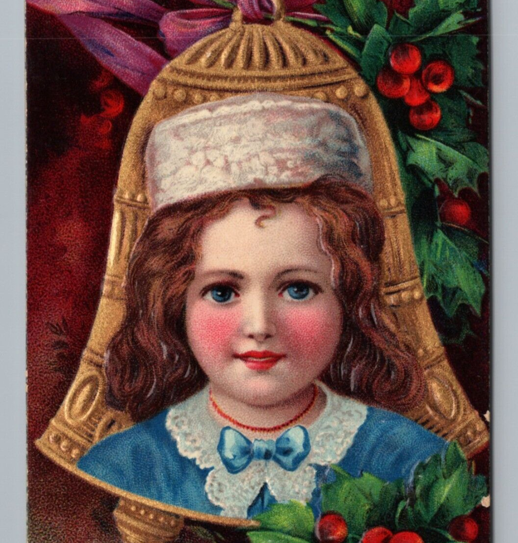 Christmas Blue Girl Bell Embossed DB Postcard