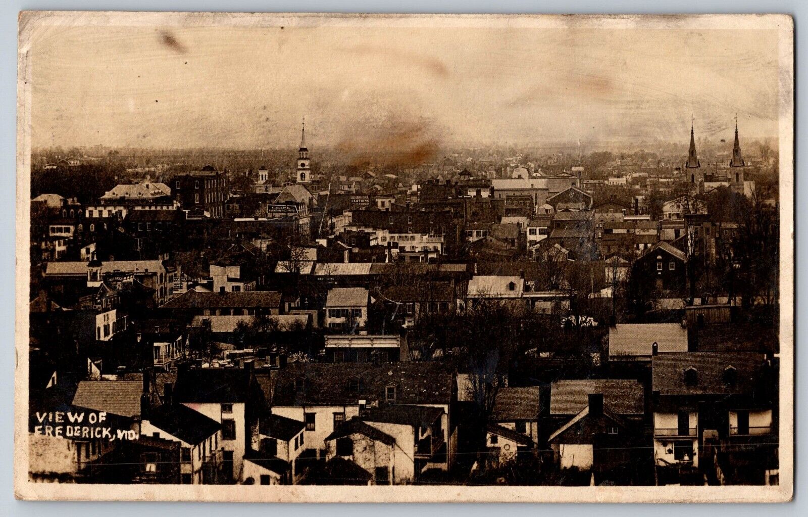 Aerial view Frederick Md; RPPC signage CE Cline Furniture & Carpets; c1904-1920s