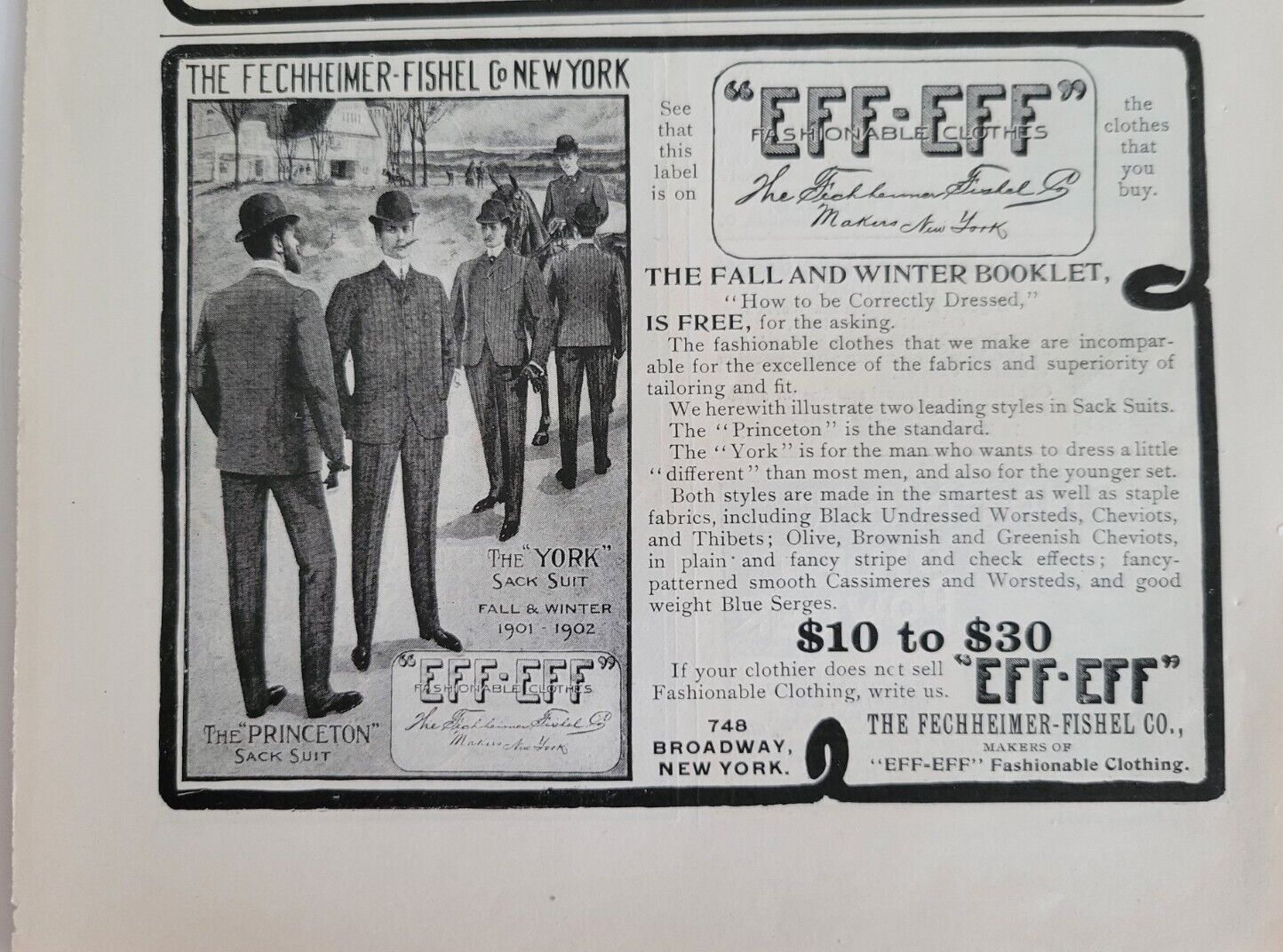 1901 Fechheimer-Fishel Co New York men\'s Princeton suits clothing vintage ad