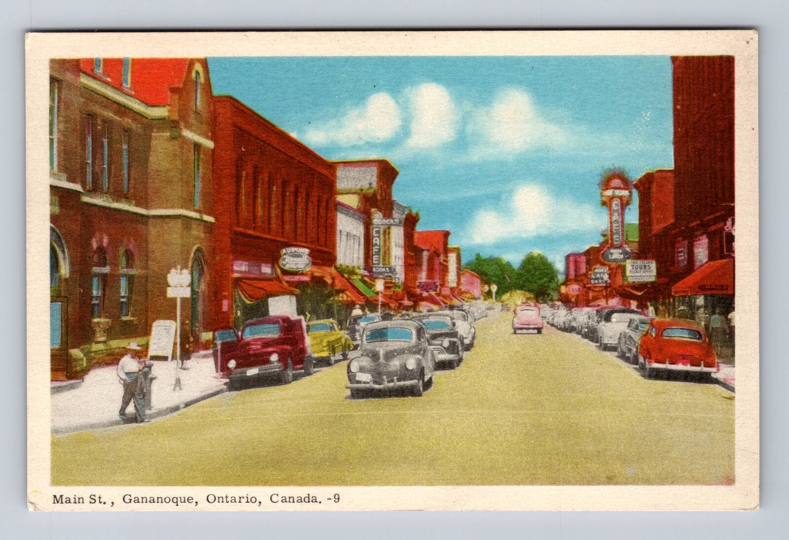 Gananoque Canada, Main Street, Café, ESSO Gas, 1940\'s Cars, Vintage Postcard