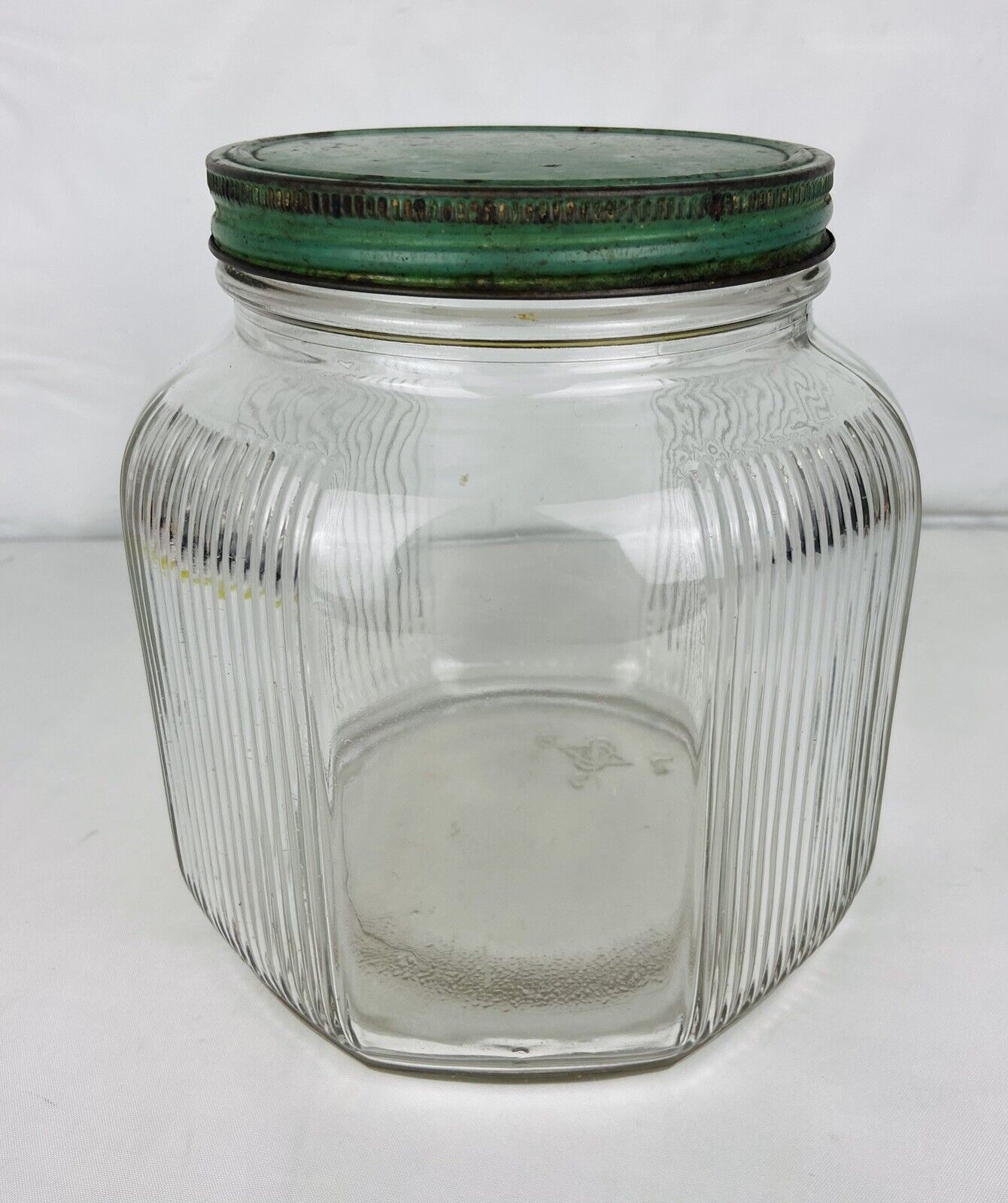 Antique Kitchen Hoosier Cabinet Jar Art Deco Ribbed Glass Canister 8 Sided w/Lid