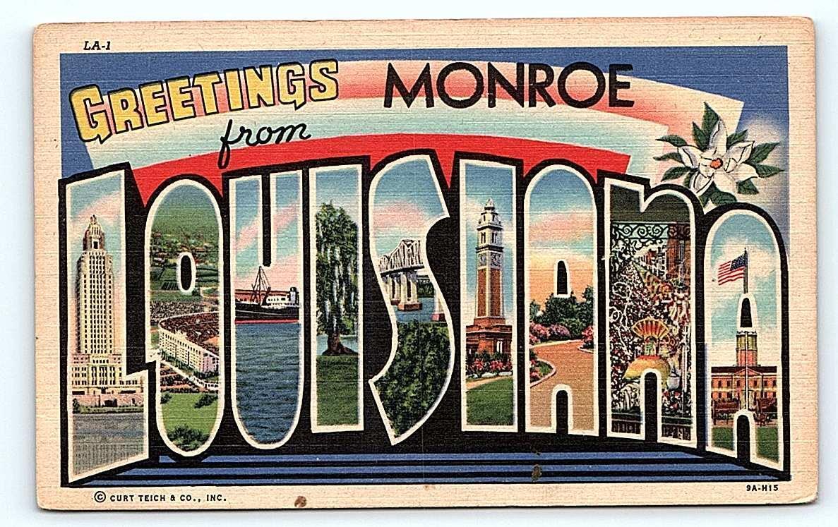 MONROE, LA Louisiana~ Large Letter Linen  c1930s Curt Teich Postcard