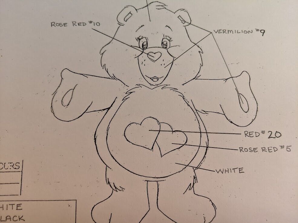 LOVE-A-LOT BEAR 1988 Nelvana Care Bears Cartoon ANIMATION MODEL SHEET Copy B&W