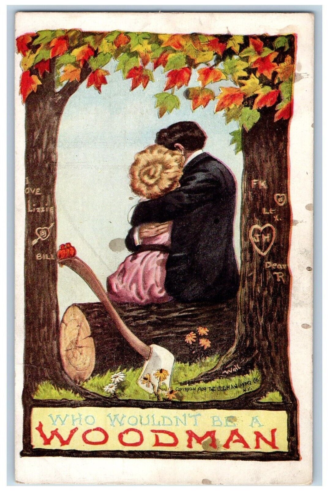Romance Postcard Sweet Couple Who Wouldn\'t Be A Woodman Engraved Trees c1910\'s