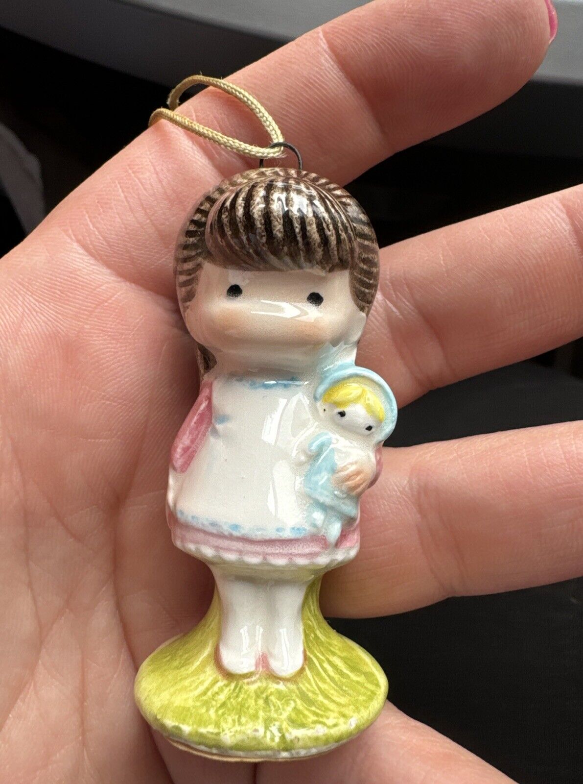 RARE Joan Walsh Anglund Girl Holding a Doll Ceramic Ornament 1974