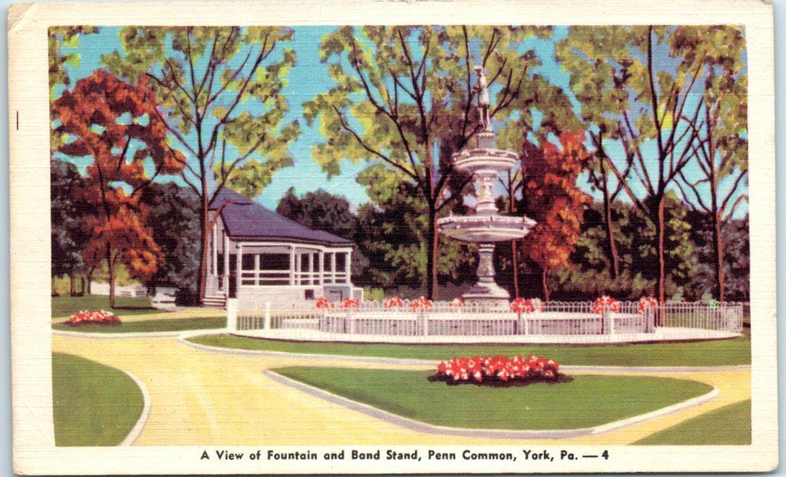 Postcard - A View of Fountain and Bond Stand, Penn Common, York, Pennsylvania