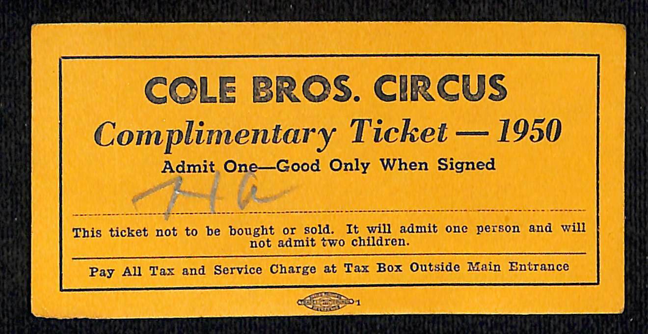 Scarce Cole Bros Circus Complimentary Ticket - 1950