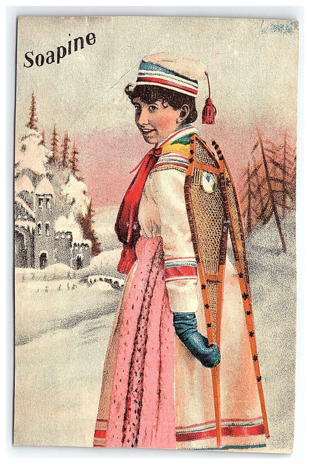 1880s-90s Winter Trade Card Soapine Victorian Ri Providence Woman & Snow Shoes