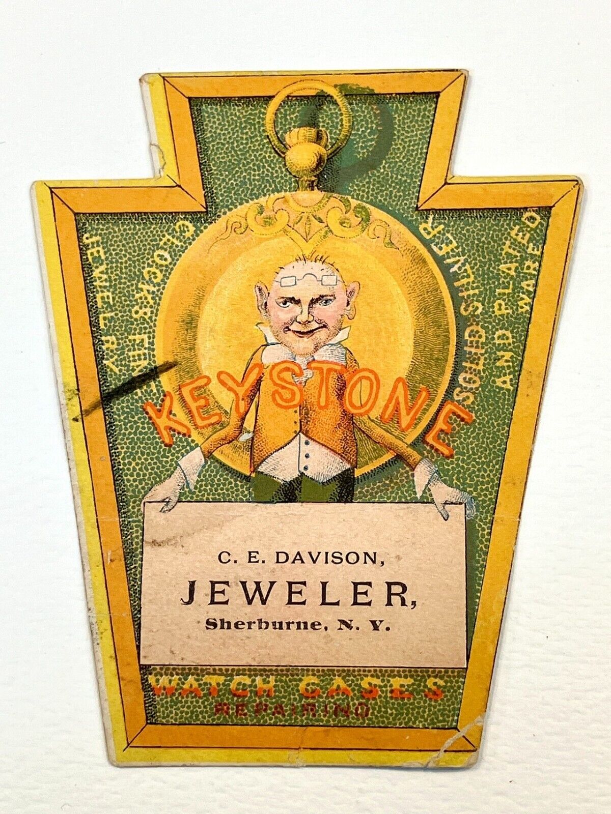 Victorian Trade Card 1880\'s Keystone Watch Cases jeweler SHERBURNE NY CE Davison