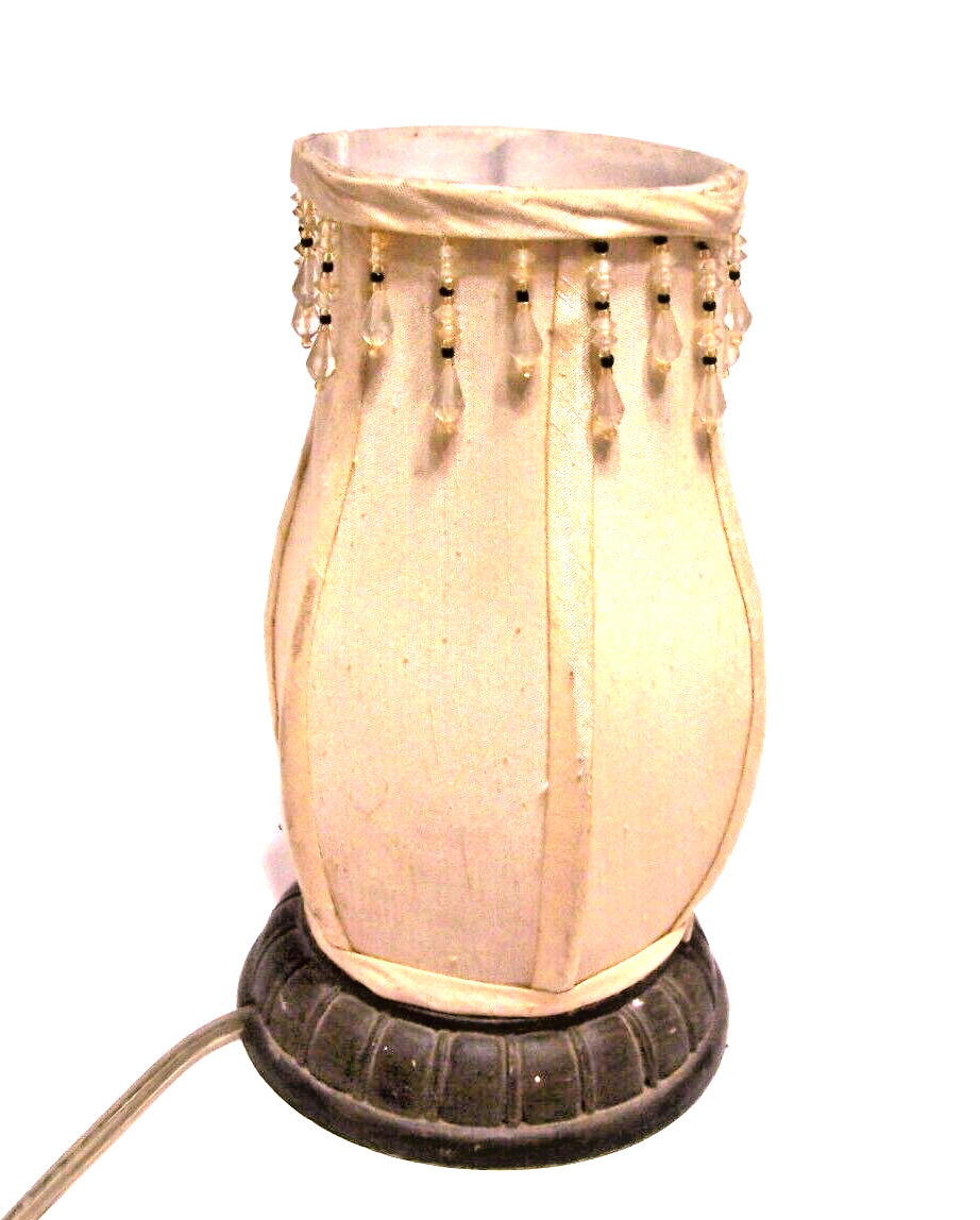 Vintage Torch Lamp Linen Shade Boudoir Lamp Cream Color Hanging Drops 9.5