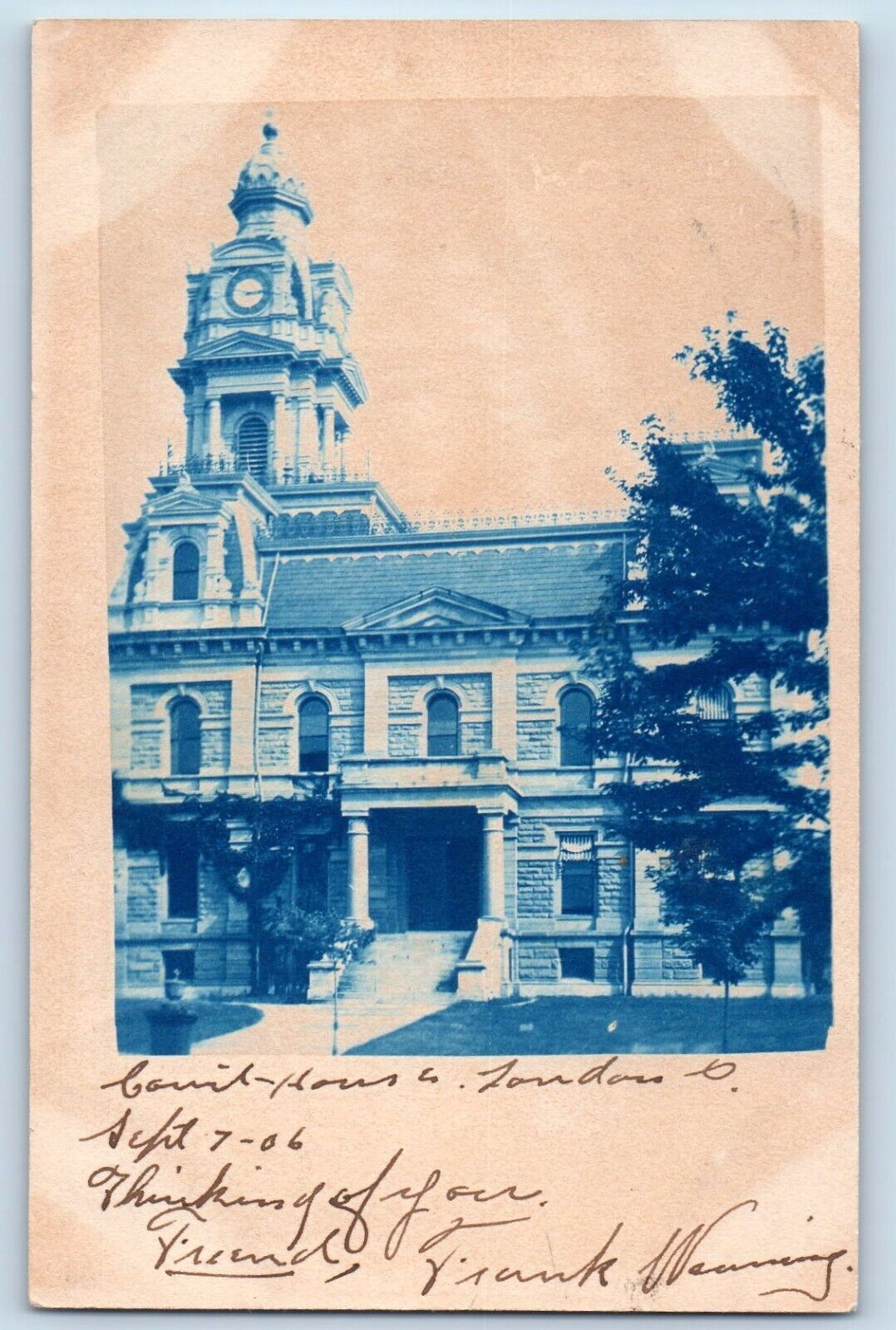 London Ohio OH Postcard RPPC Photo Courthouse Building Cyanotype 1906 Antique