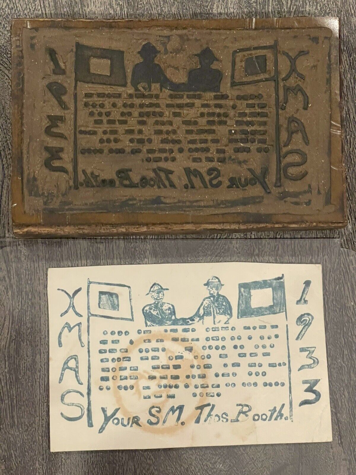1933 Boy Scouts Christmas Card & Wood Block print Thos Booth morse code UNIQUE