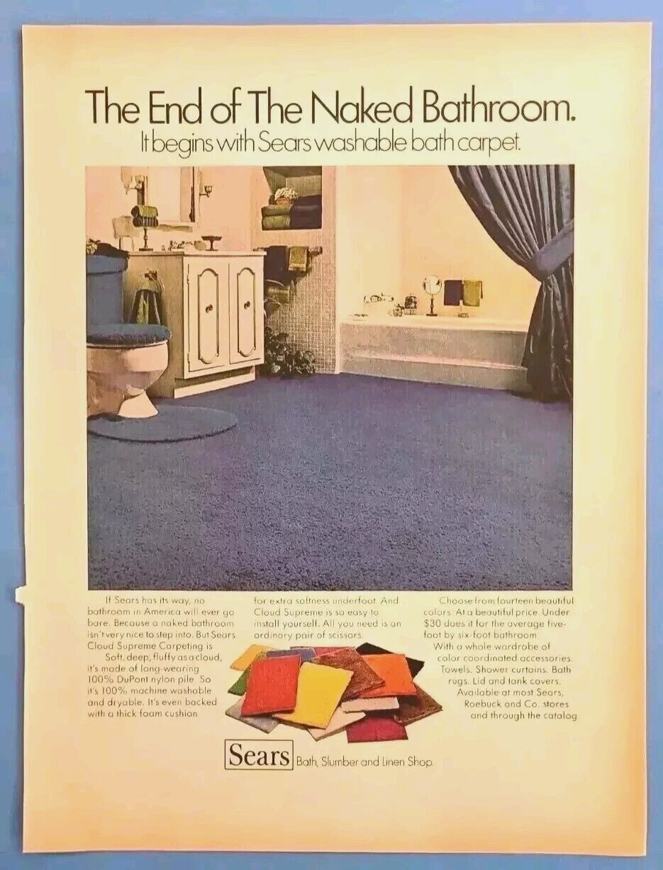 1972 Sears The End of The Naked Bathroom Washable Bath Carpet Vtg 1970s Print Ad