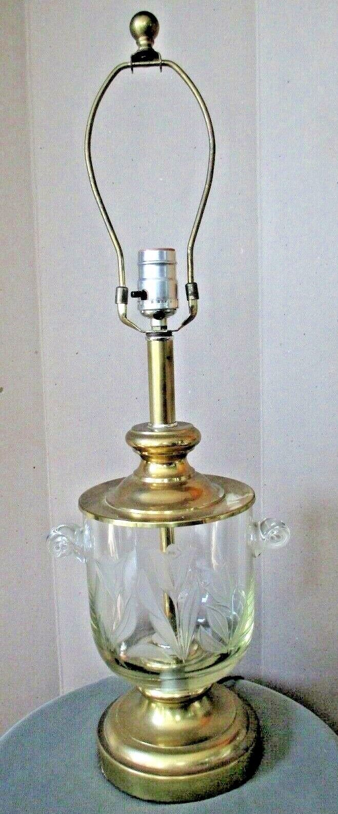 important TABLE LAMP vintage ETCHED daffodils flowers GLASS & BRASS cut CRYSTAL 