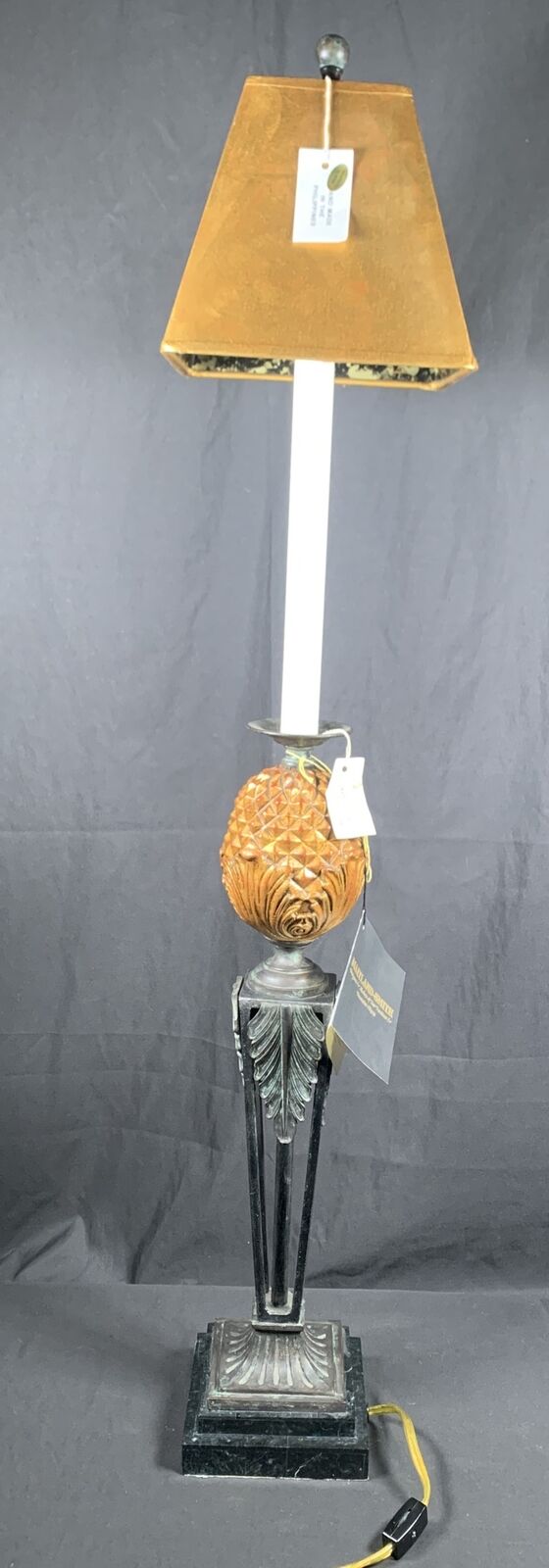 ✨Vintage Maitland Smith Lamp Faux Leather Shade Gold / Marble & Bronze 38.5”Tall