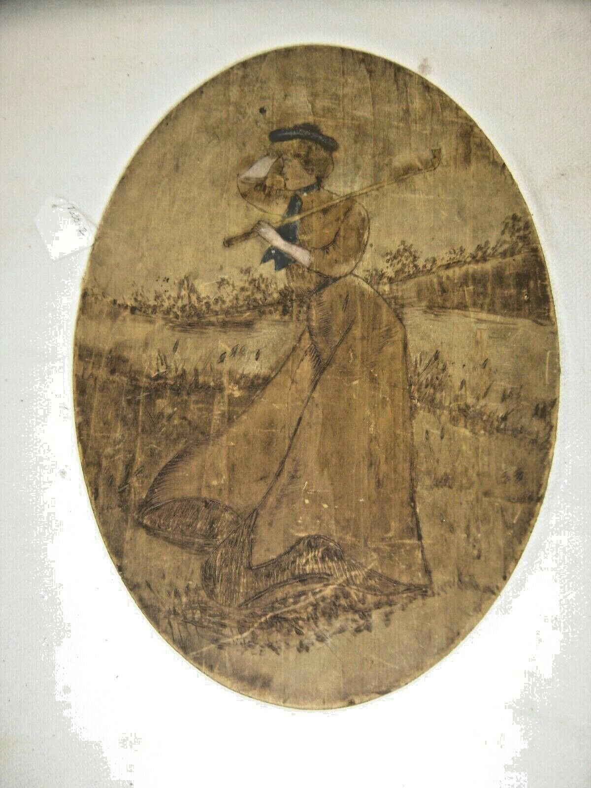 Antique ~ Salvage ~ Pyro Art Pyrography  Plaque Lady Golfer ~ Tinted       #1512