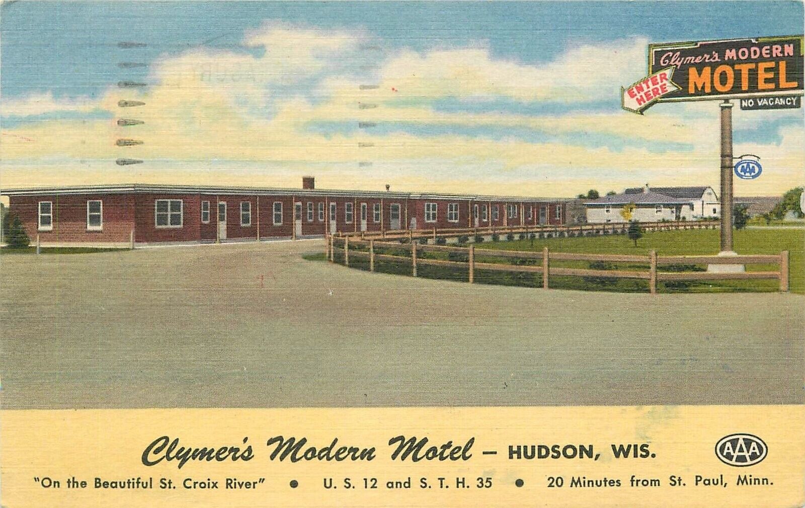 Postcard 1954 Wisconsin Hudson Clymer\'s Motel Teich linen occupation 23-12243