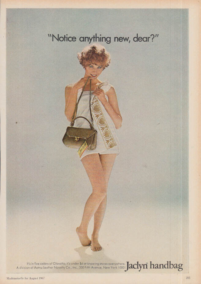 Notice anything new, dear? Short-haired blonde in towel Jaclyn Handbag ad 1967