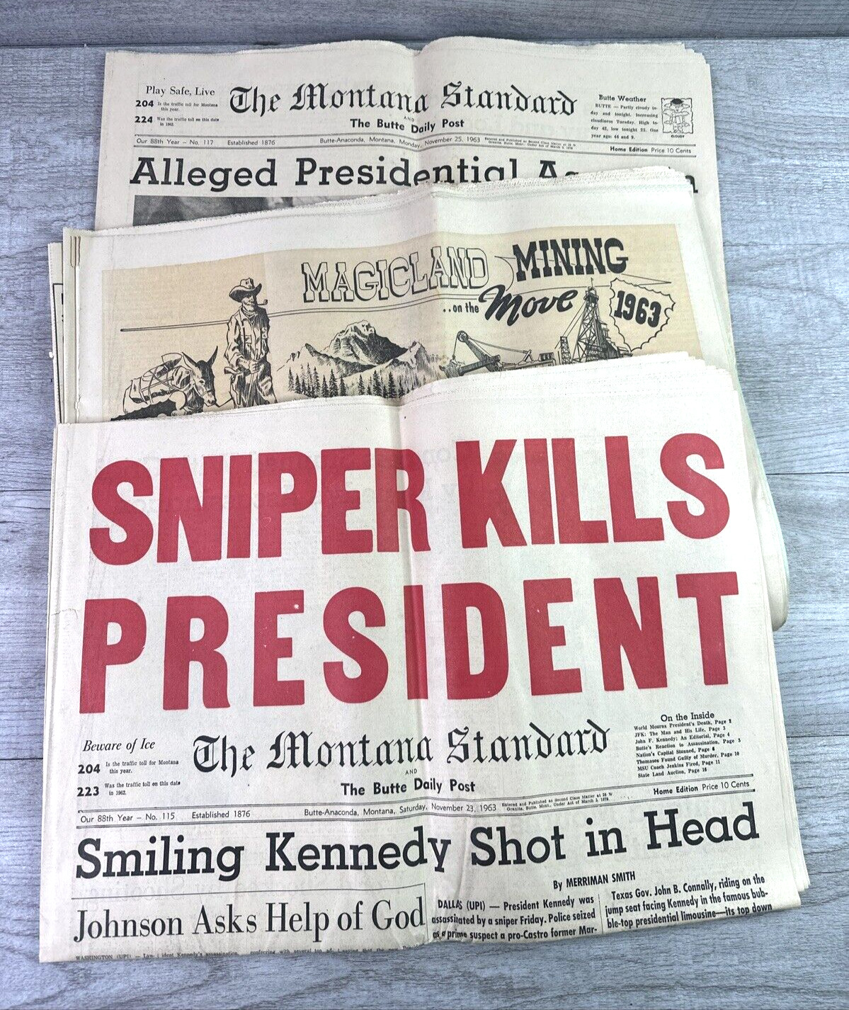 1963 Lot Of 3 The Montana Standard Papers Sniper Kills President Dates Nov 23-25
