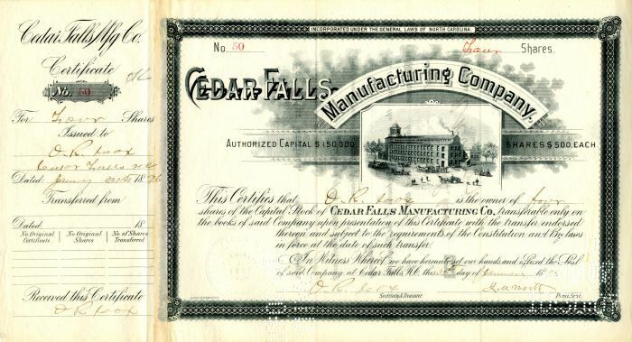 Cedar Falls Manufacturing Co. signed by John M. Worth - Stock Certificate - Auto