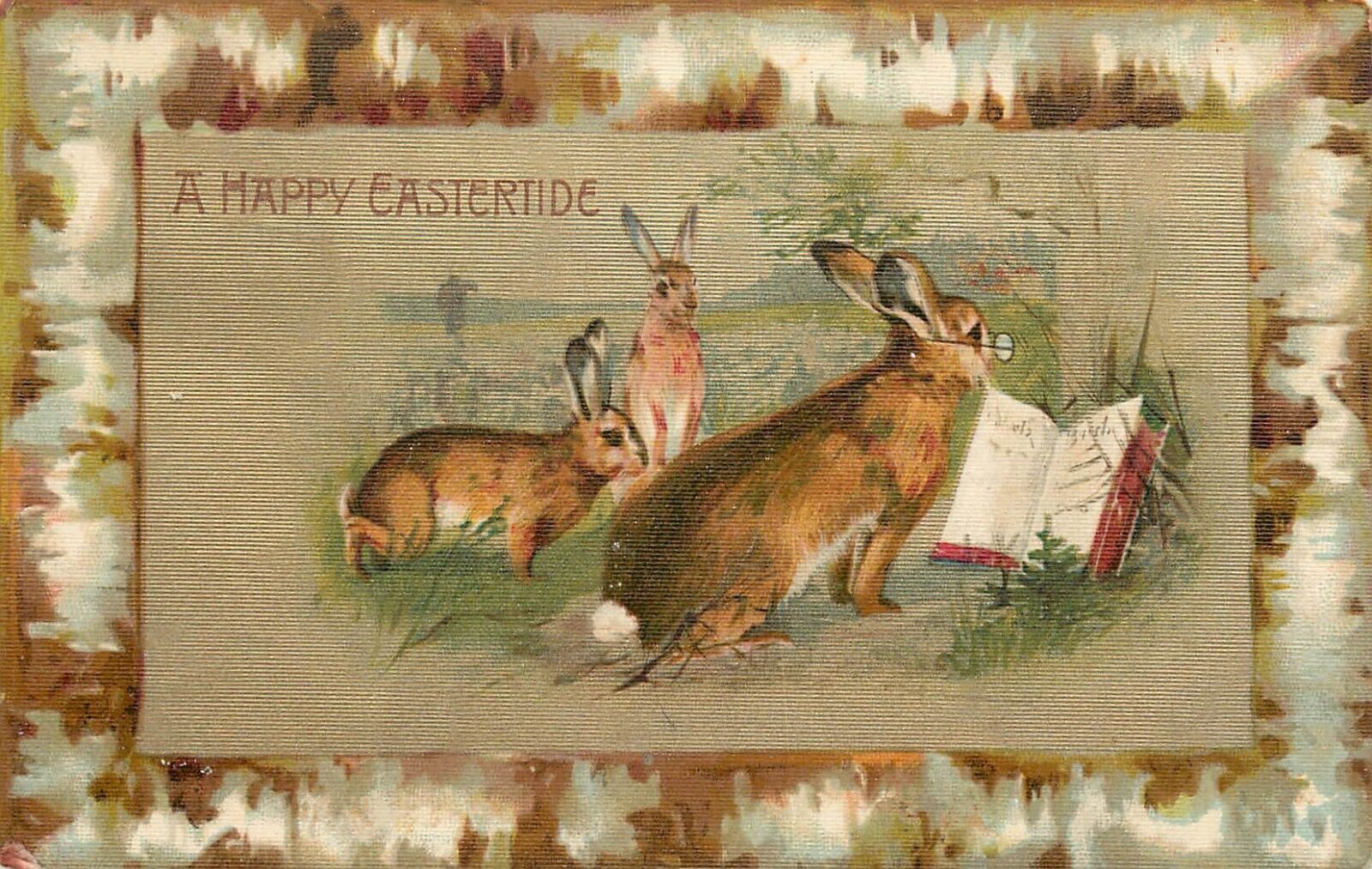 Winsch Textured Postcard Rabbits Read a Book Easter Greetings Eastertide