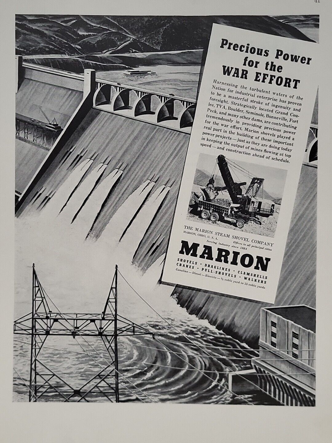 1942 Marion Steam Shovel Co.  Fortune WW2 Print Ad Q2 Dam War Effort Hydro-Power