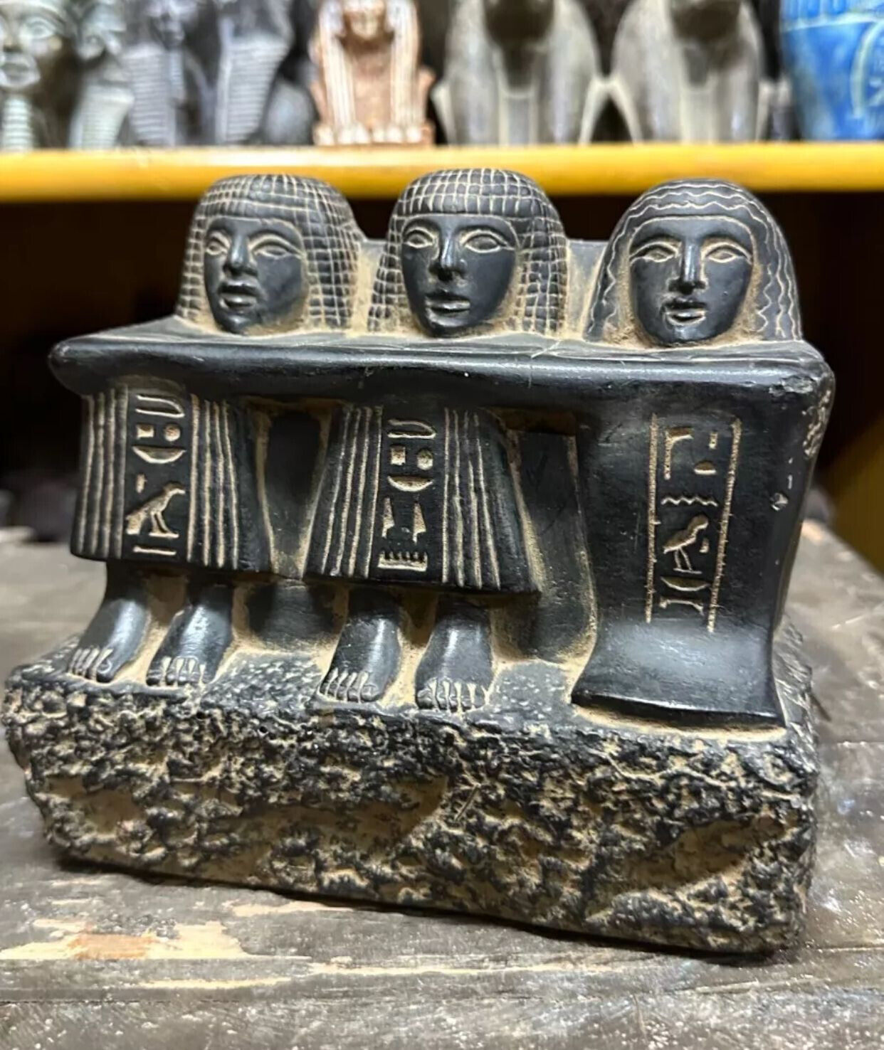 Rare  Egyptian Antiquities Of Black  Statue The Family Group of Three Unique BC