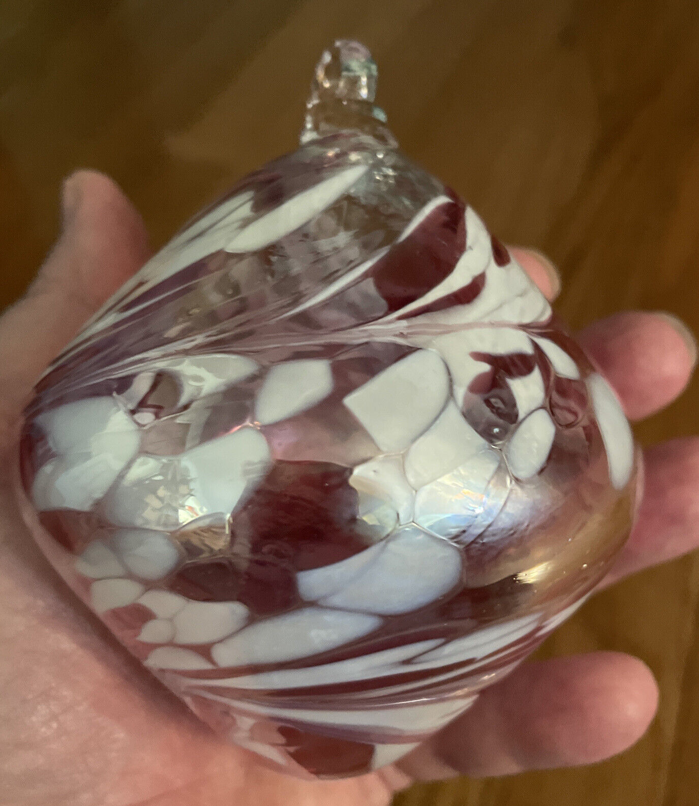 Hand Blown Glass Decorative Ornament Made In Poland 4”White Pink Accents