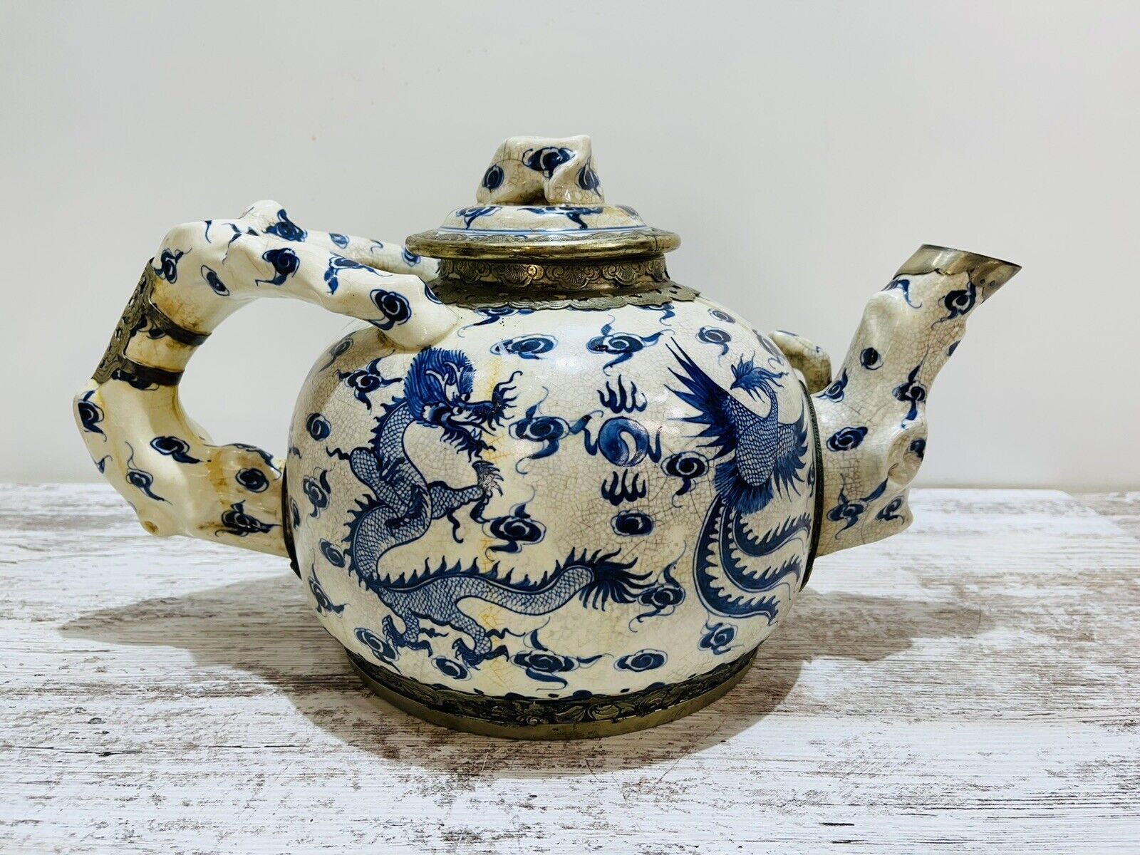 Giant blue & white 1930s teapot with pewter trim Dragon & Phoenix A3
