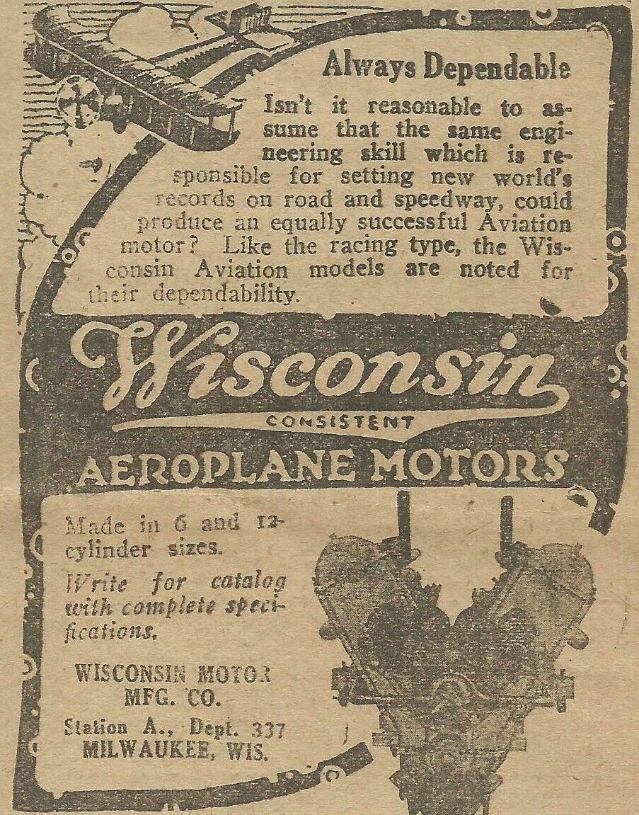Vintage Print Ad Wisconsin Motor Mfg Co Milwaukee Airplane Motors WW1 1918