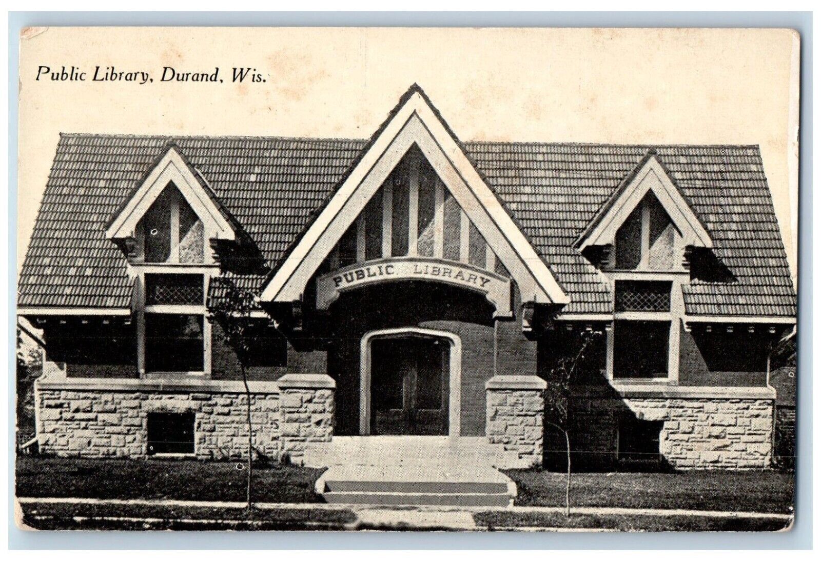 Durand Wisconsin WI Postcard Public Library Building Exterior Scene Antique