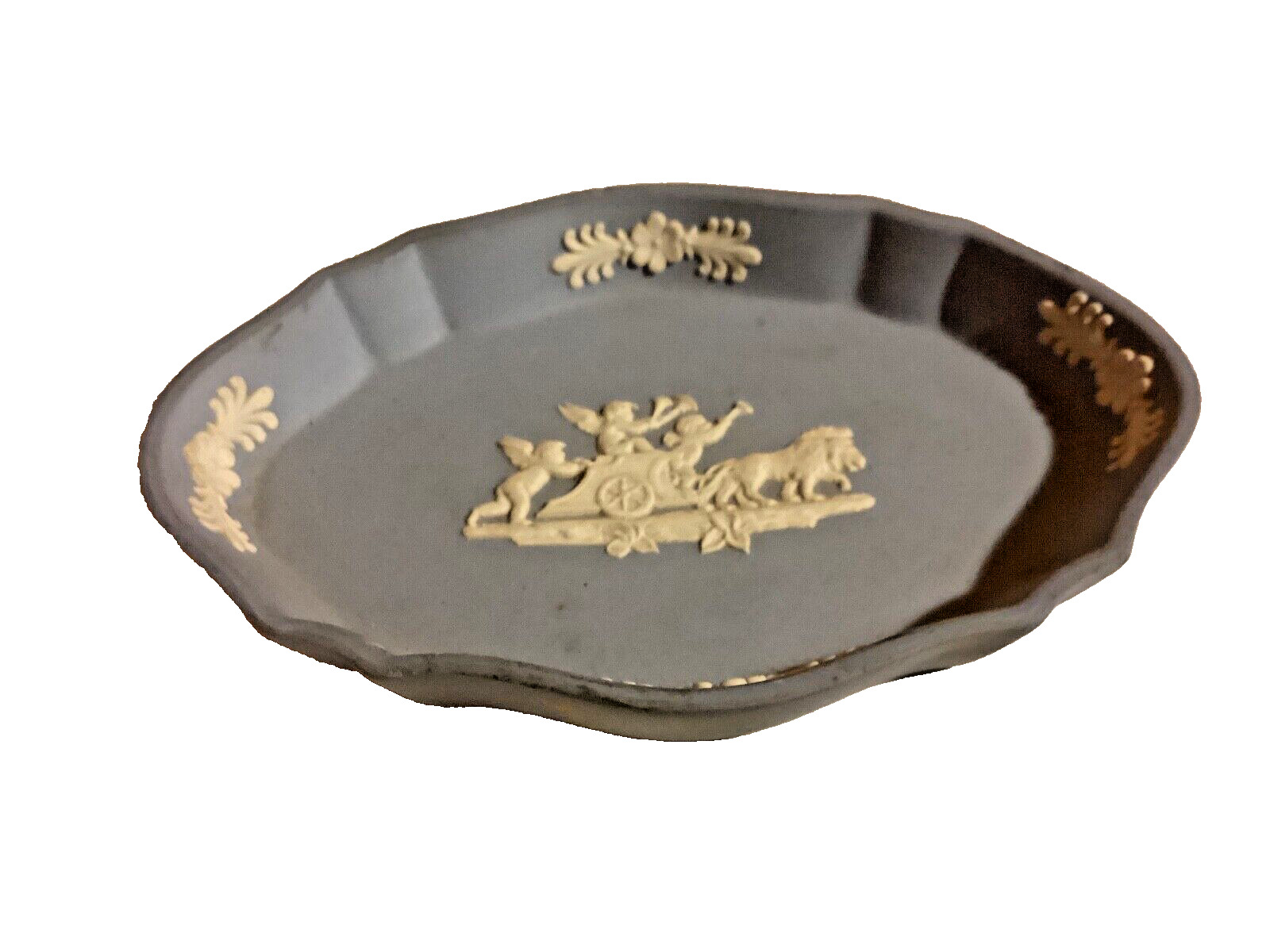 Wedgwood England Blue Jasper Ware Oval Trinket Dish (Lions Chariot Design)