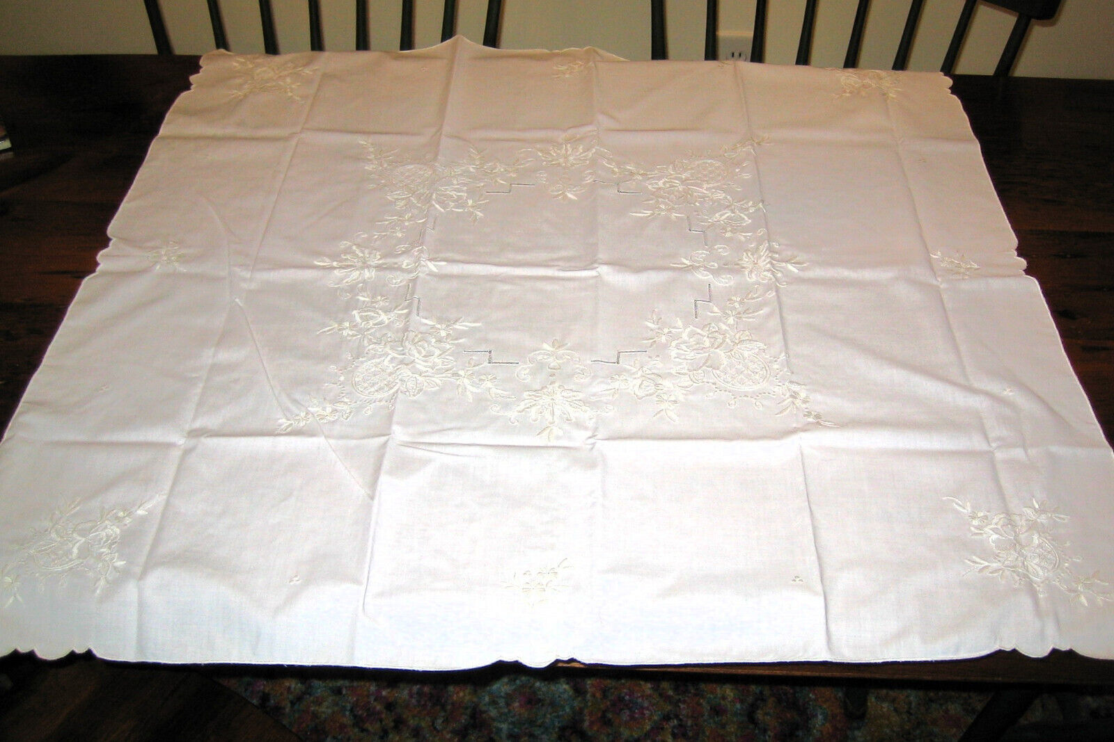 Vintage pink cottagecore shabby chic coquette embroidered floral tea table cloth