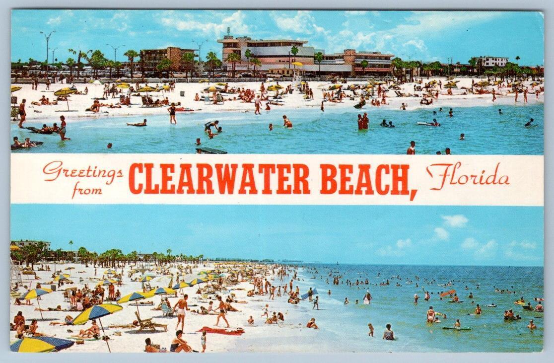 1970 GREETINGS FROM CLEARWATER BEACH FLORIDA 2 VIEWS VINTAGE CHROME POSTCARD