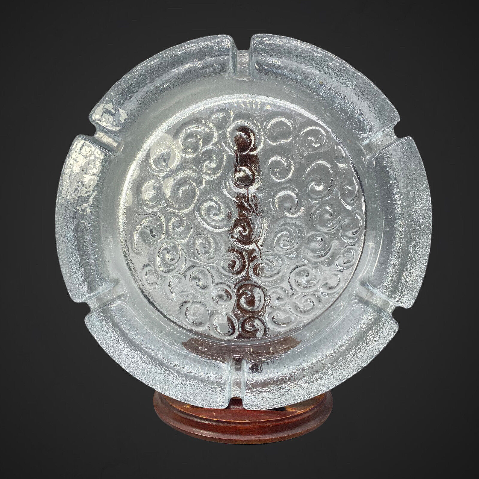 Vintage Blenko Ice Glass Ashtray Bowl Dish Finland Swirly Art Glass 9.5”W