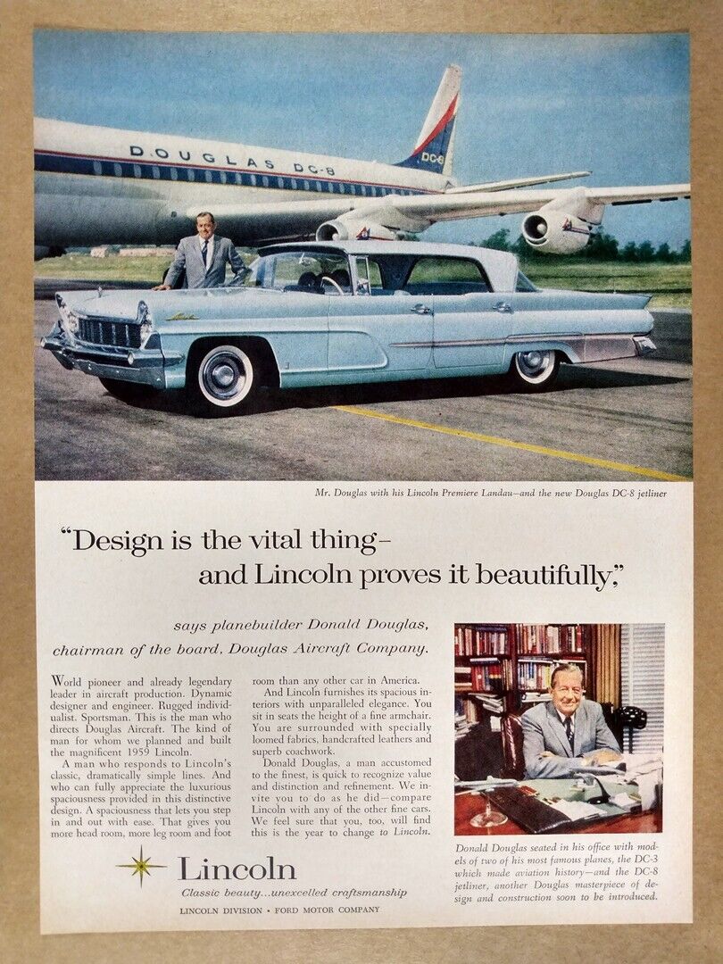 1959 Lincoln Premiere Landau Douglas DC-8 photo vintage print Ad