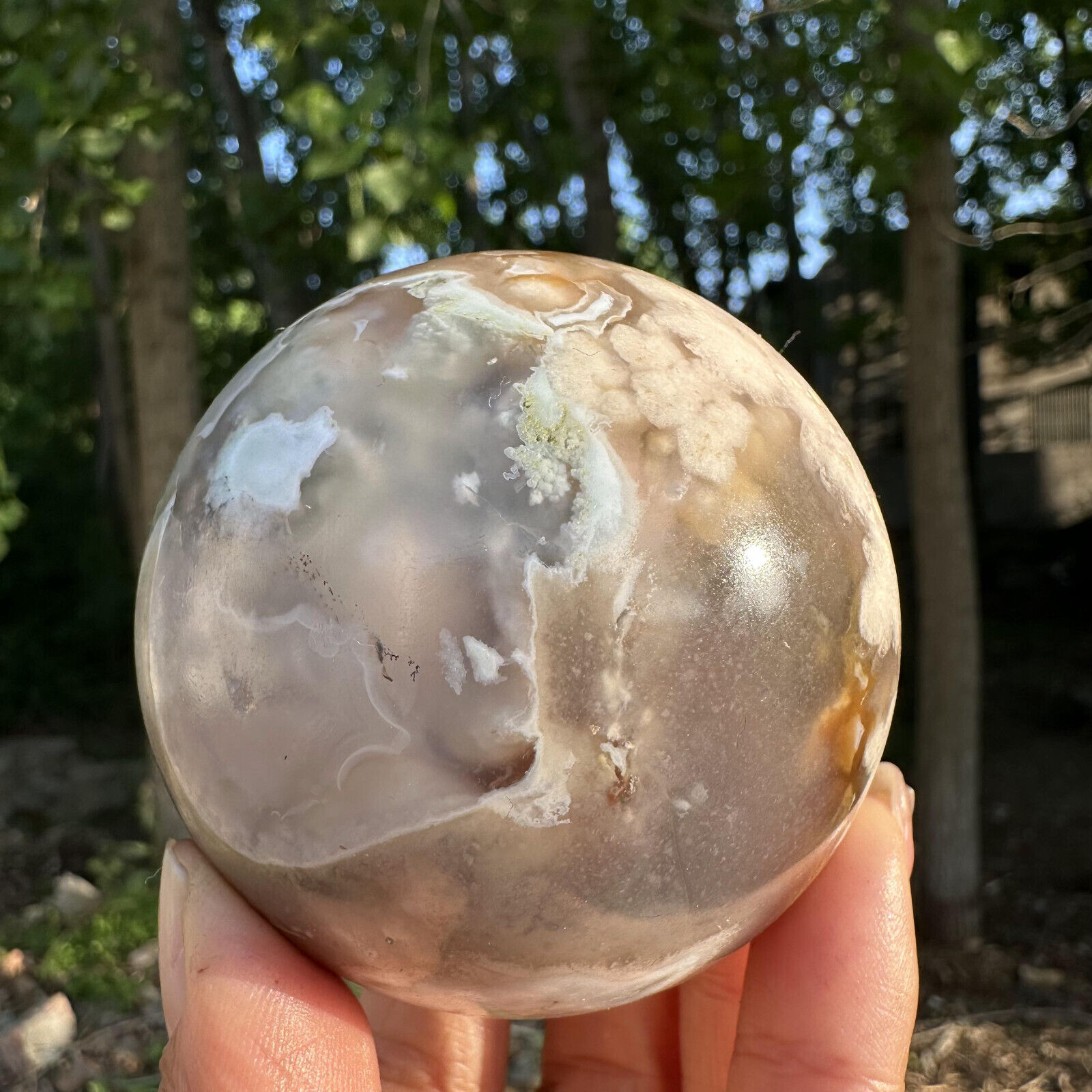 375g  Natural Cherry Blossom Agate Quartz Sphere Crystal Energy Ball Reiki Decor