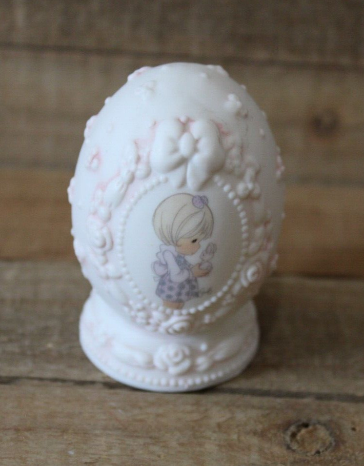 1997 Precious Moments Porcelain Easter Egg, Girl Holding Bunny, HAPPY EASTER