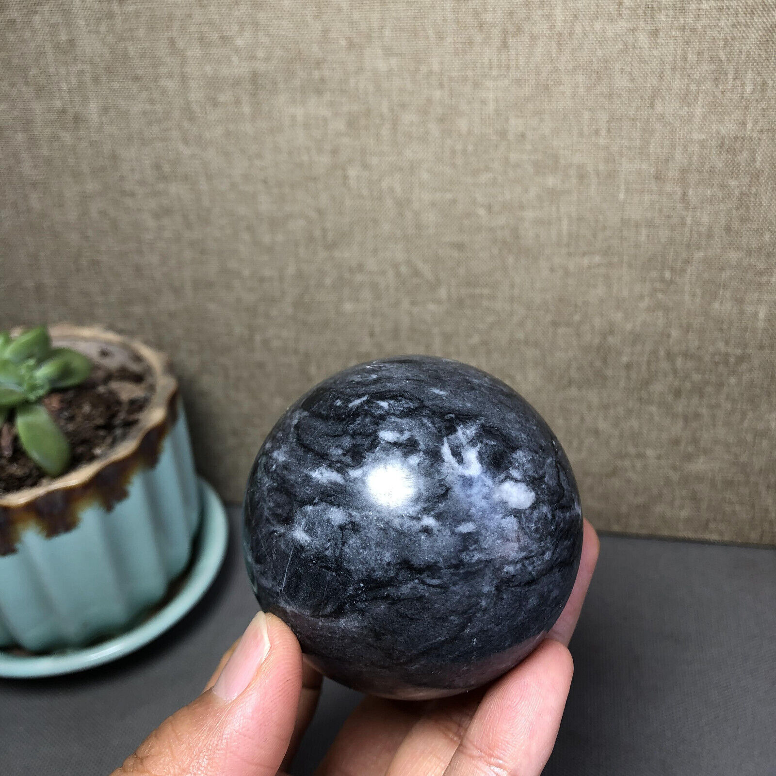 307g Rare Natural polished Black flower jade Semi-precious Ball sphere 59mm 2152
