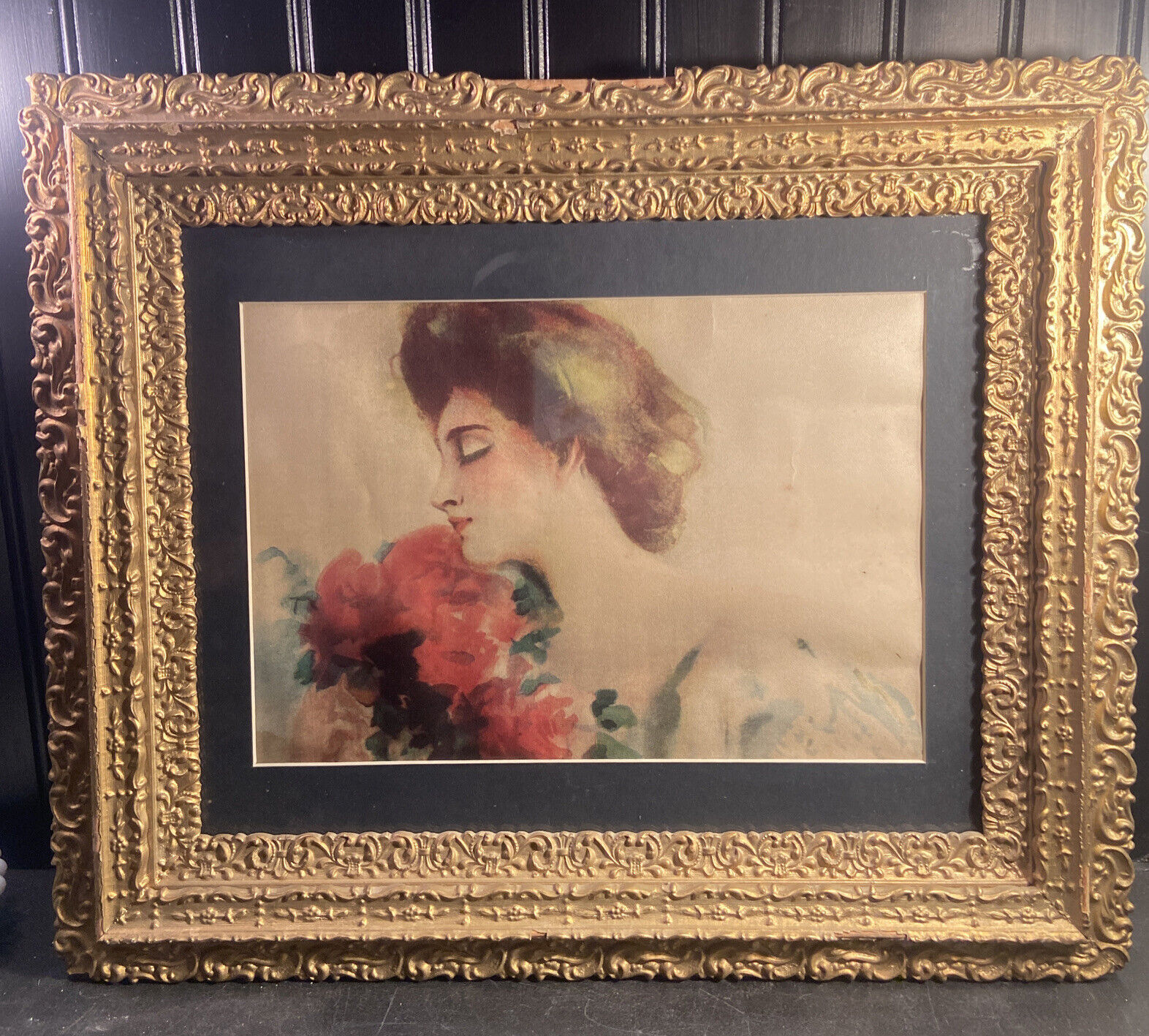 Vtg Antique Victorian Watercolor Lady Red Rose Flowers Print Ornate Framed
