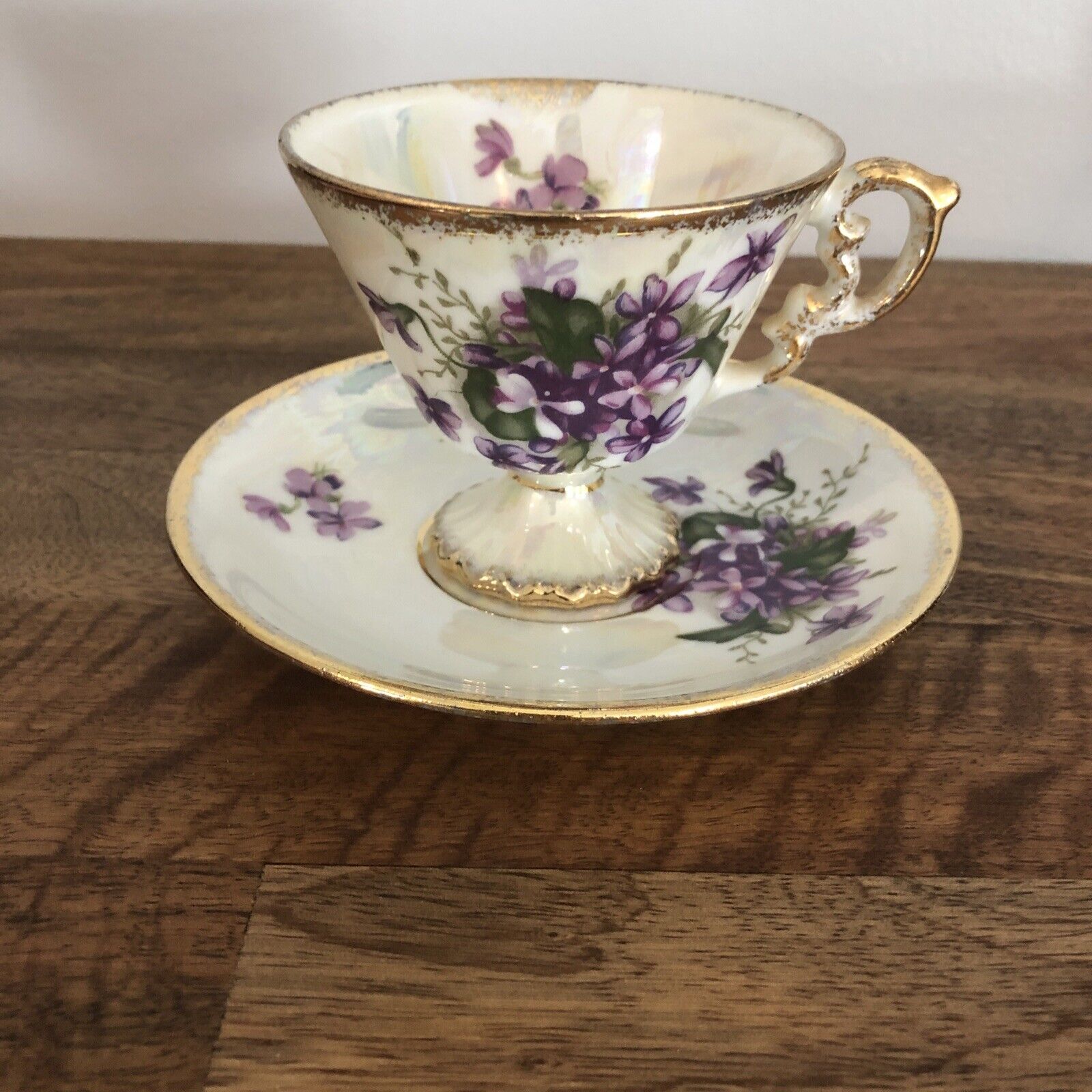 Vintage Enesco February Violet Footed Tea Cup Saucer China Gold Trim Floral