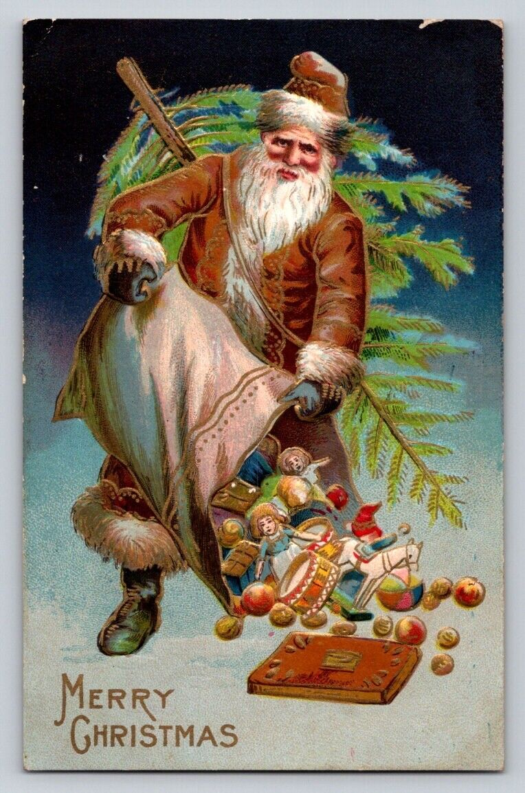 c1910 Old World Brown Santa Claus Empties Bag Toys Drum  Christmas P271 Posted