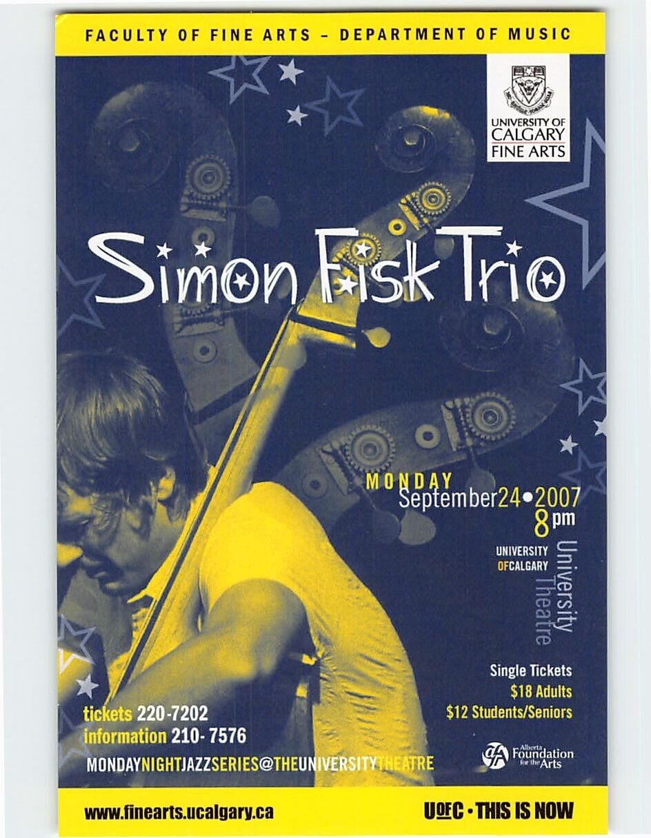 Postcard Simon Fisk Trio, University Theatre, University of Calgary, Canada