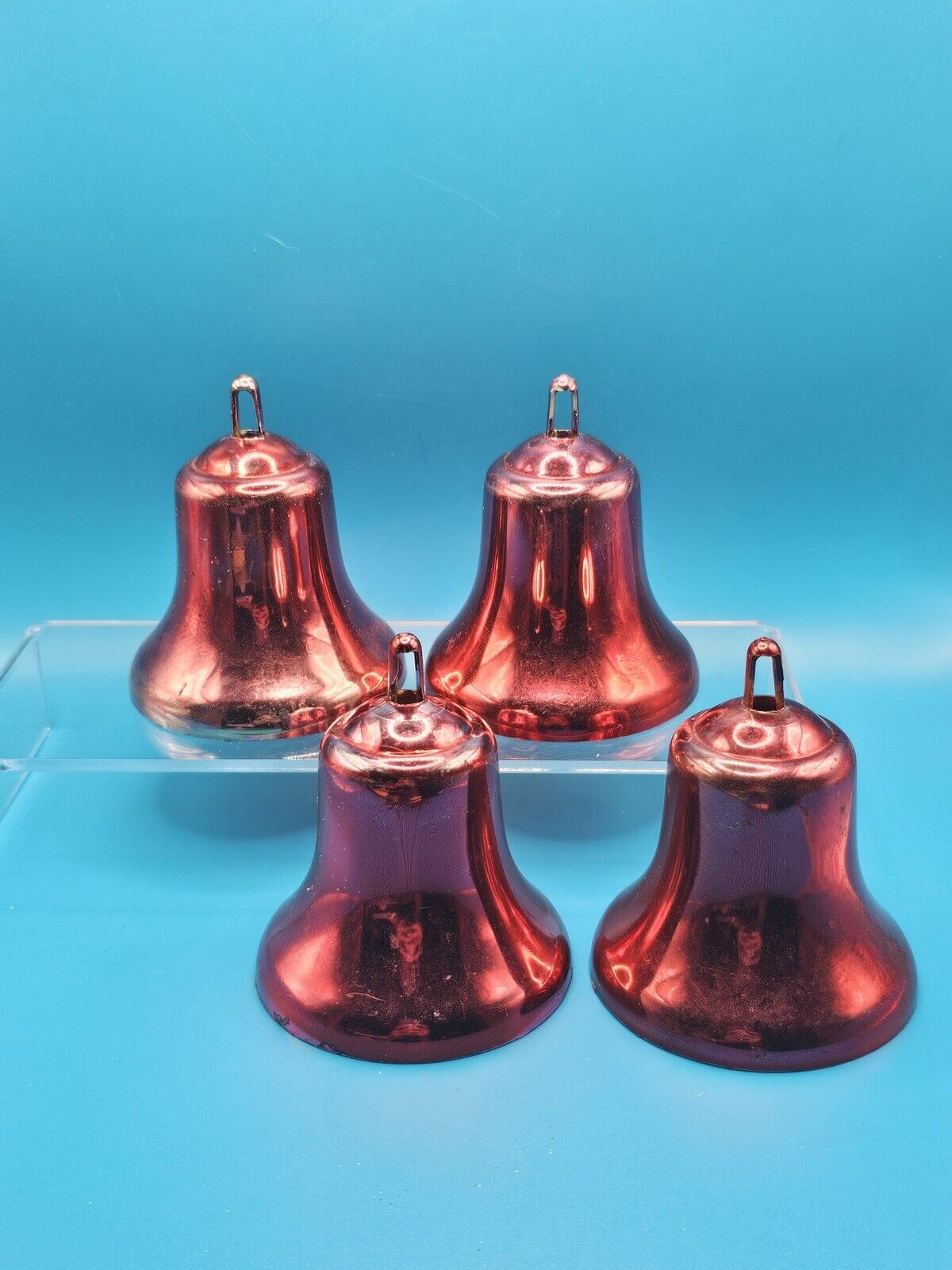 Vintage Hard Plastic Christmas Bells Red 3” MCM Bradford Style 1950’s (4pcs)