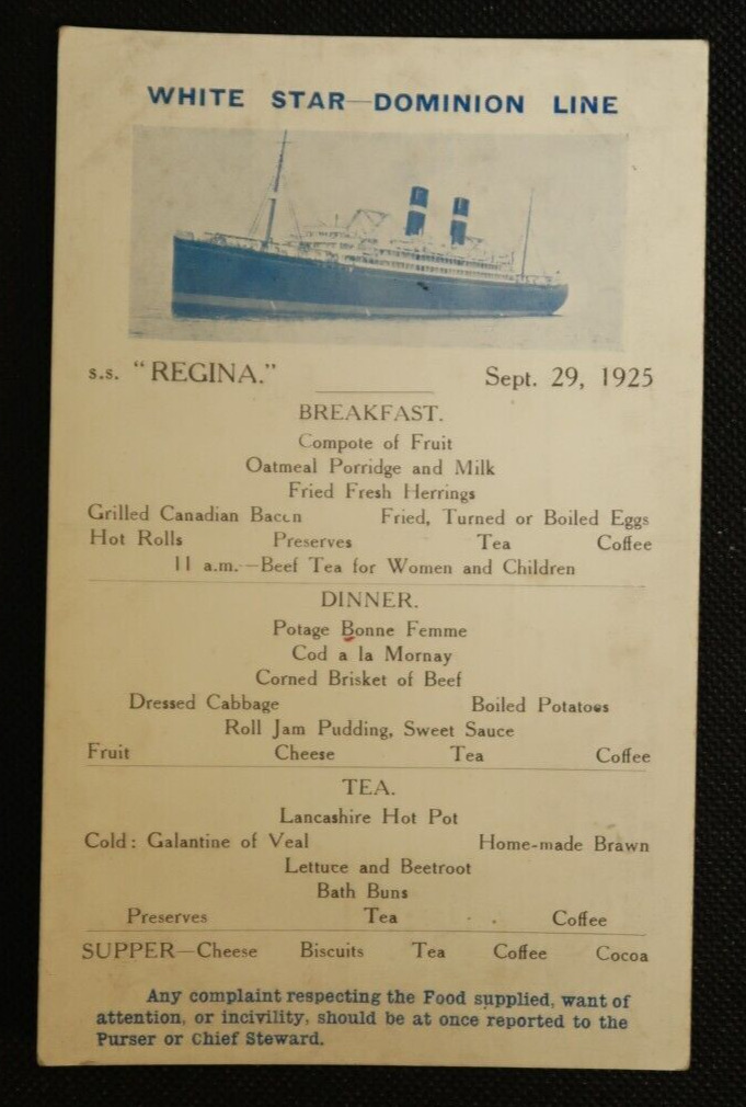 1925 White Star Dominion Line SS Regina Breakfast Dinner Food Menu Postcard