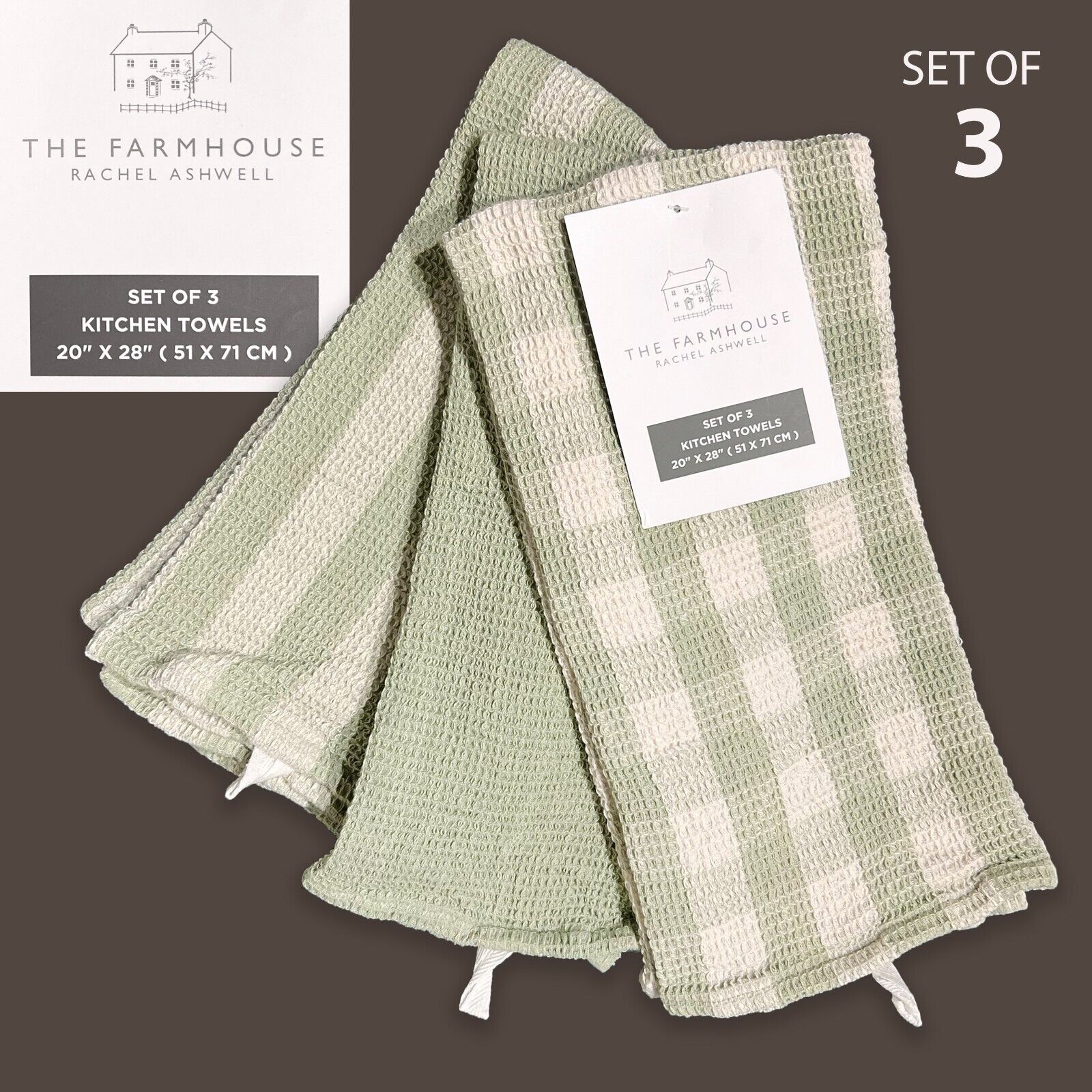 3PK THE FARMHOUSE RACHEL ASHWELL Kitchen Towels Distressed Waffle Assorted Green