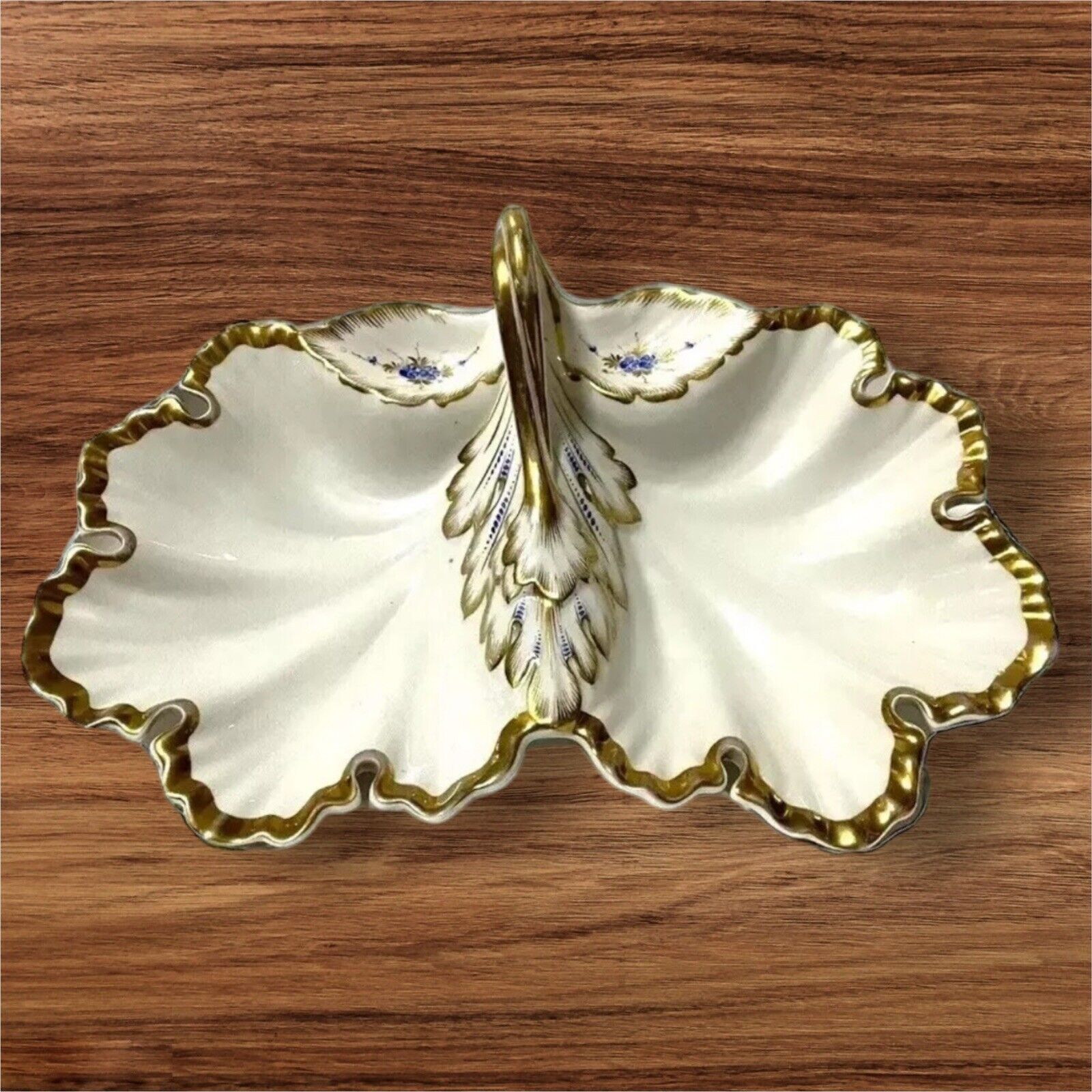 Antique CT Carl Tielsch Porcelain Gold Trimmed Floral Divider Dish Plate Handle