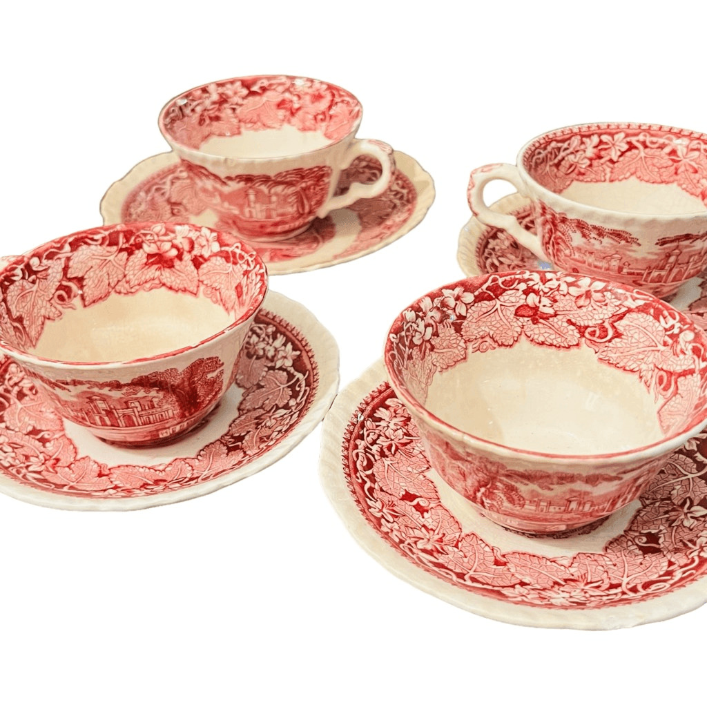 Old Masons patent ironstone teacup & saucer red & white transferware vintage (4)
