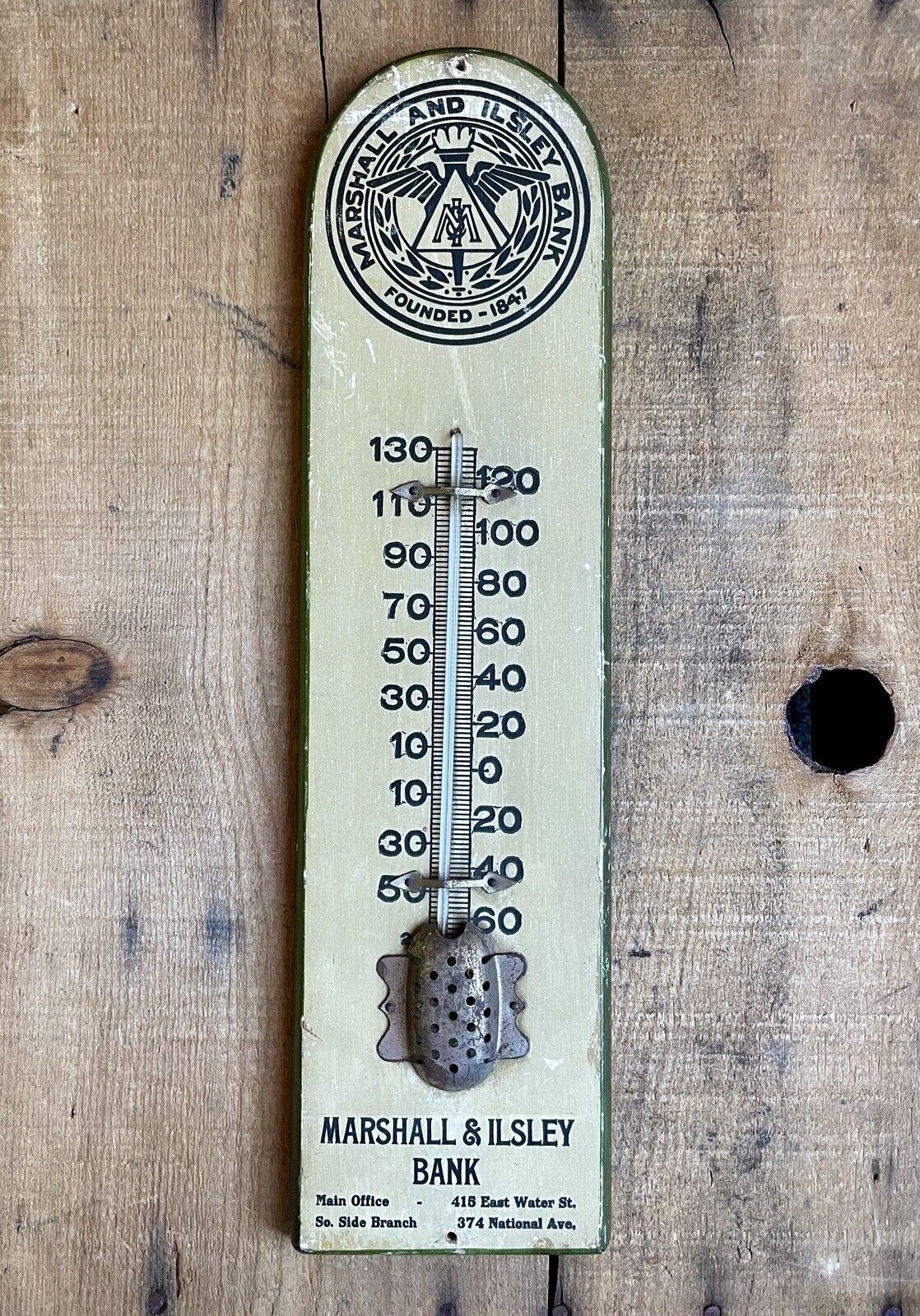 RARE Antique Early Marshall & Ilsey Bank Wooden Advertising Thermometer Sign